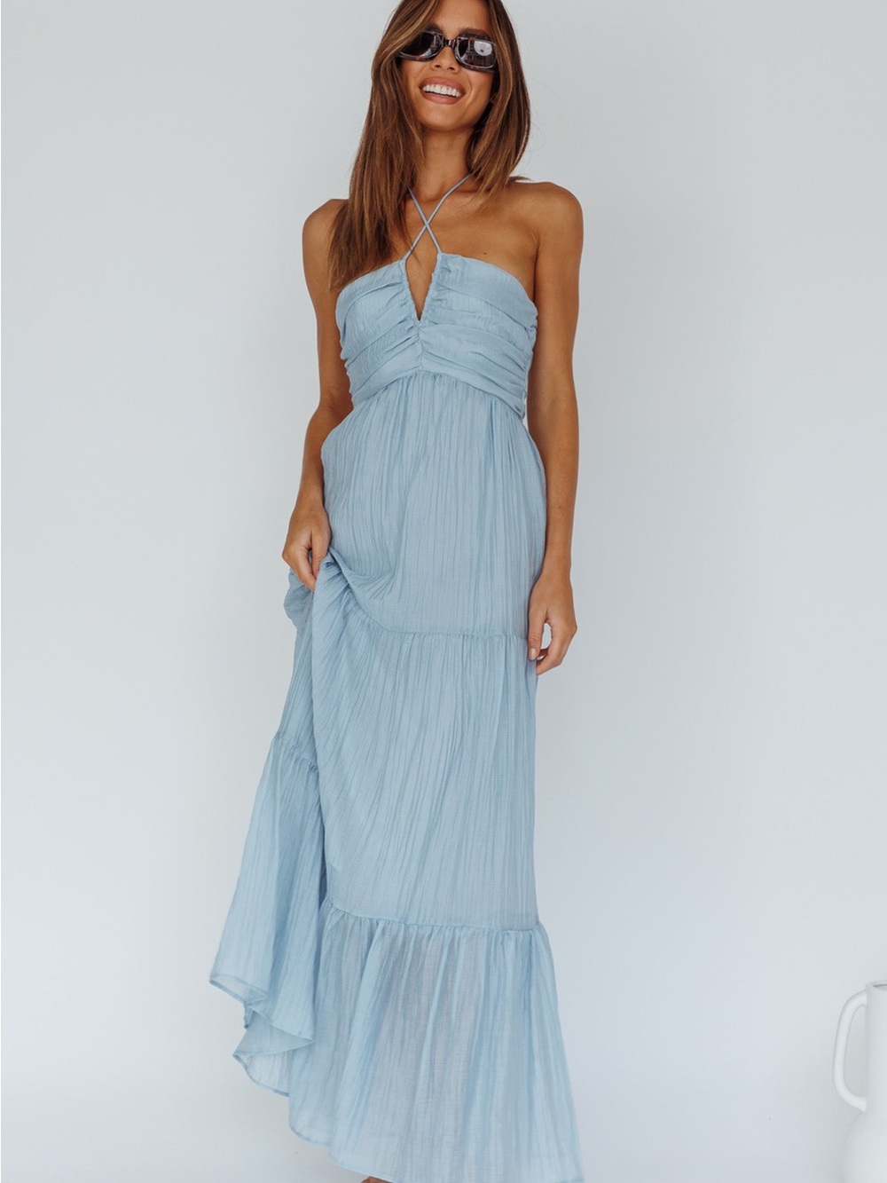 Selfie Leslie Light Blue Halter Tiered Maxi Dress Beach Flowy Spring Summer - Picture 5 of 9